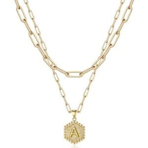 Hexagon Pendant Initial Letter “A” Necklace in Gold
